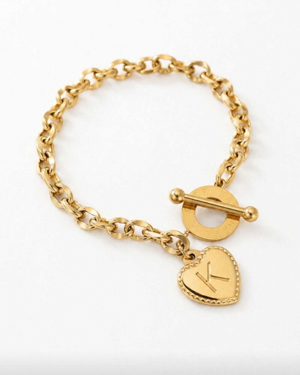Stainless Steel Gold Toggle Initial K Heart Bracelet New